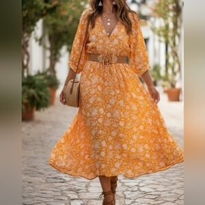 Floral Yellow Boho Dress 3/4 Sleeves Versatile Viscose Lightweight M